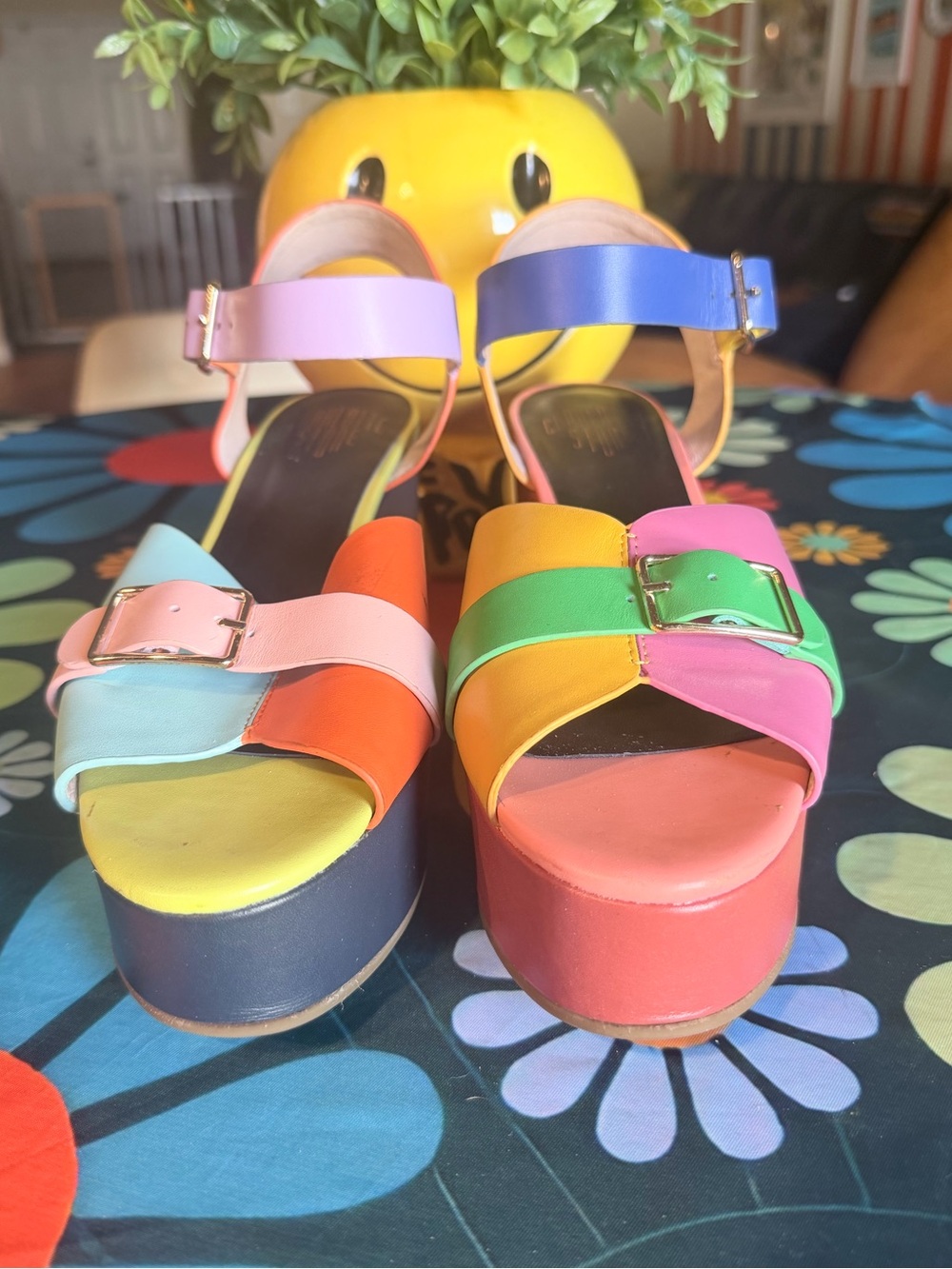 Charlotte Stone Raf platform sandals with a vibrant, multi-color leather detail.